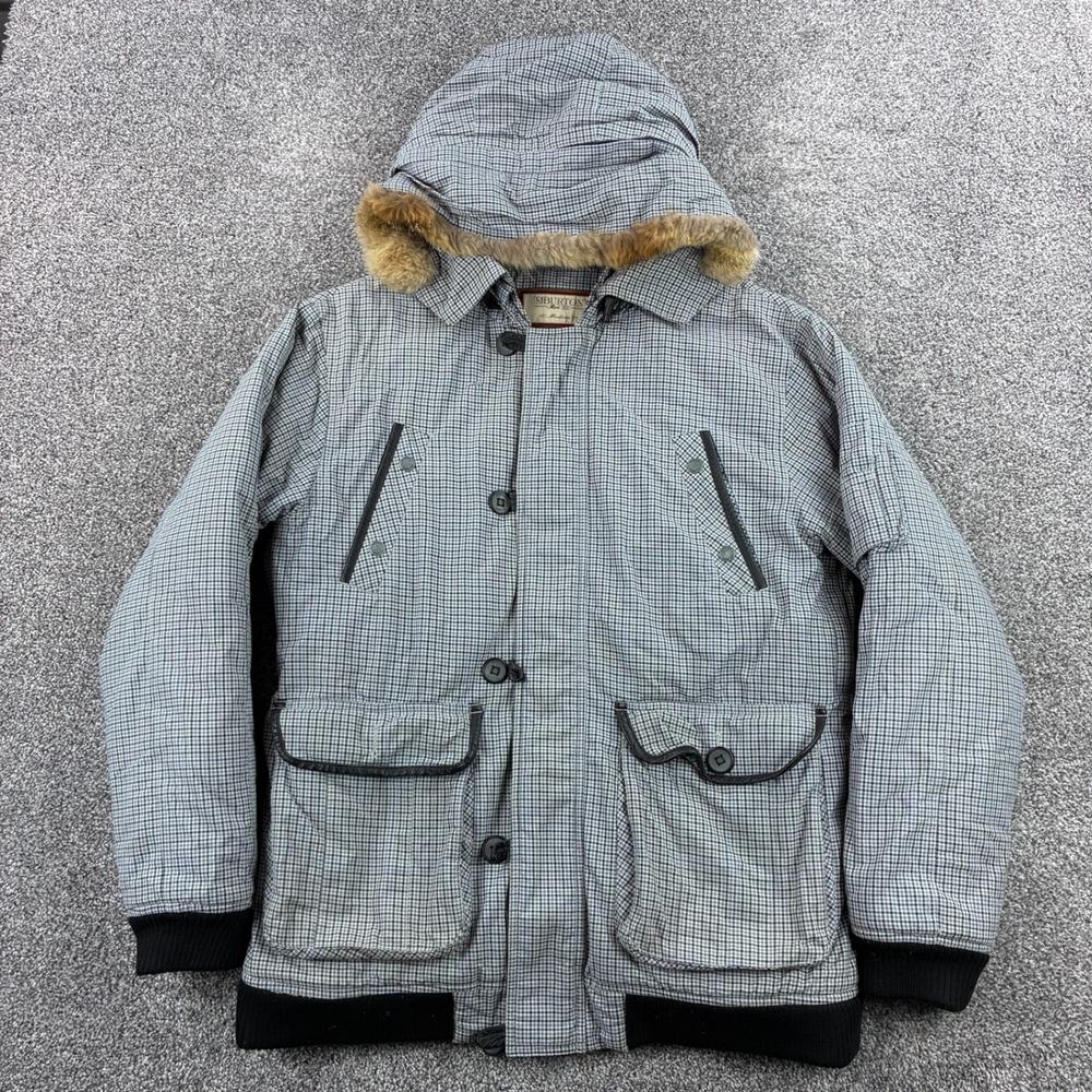 Burton Mark XIII Jacket Women's Medium Gray Plaid Down Fill Snowboard Fur Hood